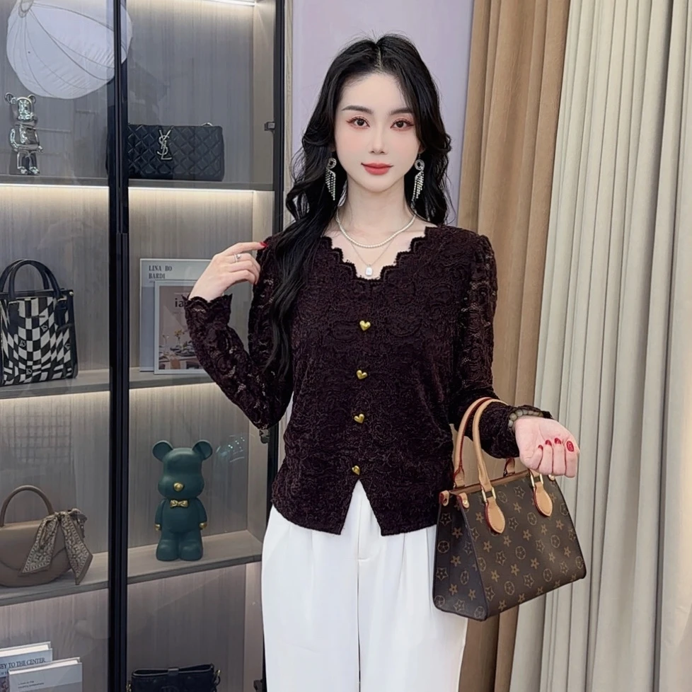 A8752法式时尚洋气衬衫女秋季新款长袖蕾丝衫宽松显瘦小衫上衣
