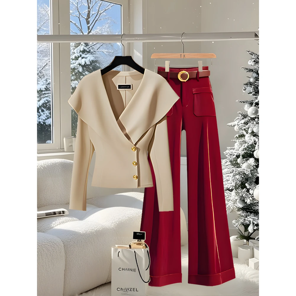 2025时尚独特长袖通勤高端上衣衬衫红色轻奢宽松直筒秋季裤子套装