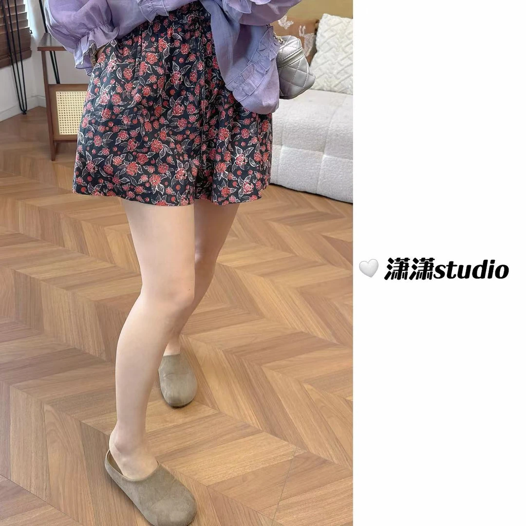 【花短裤】【面料超舒服】潇潇自制定制花色带抽绳韩系短裤XM1154
