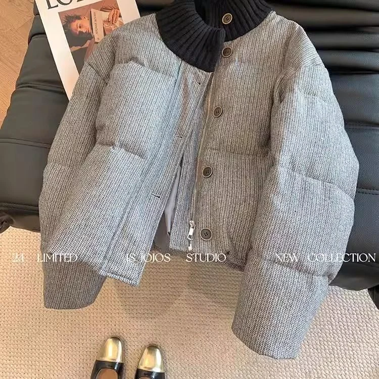 4012冬季超好看针织撞色棉服女2025高级感拼接独特漂亮棉衣外套