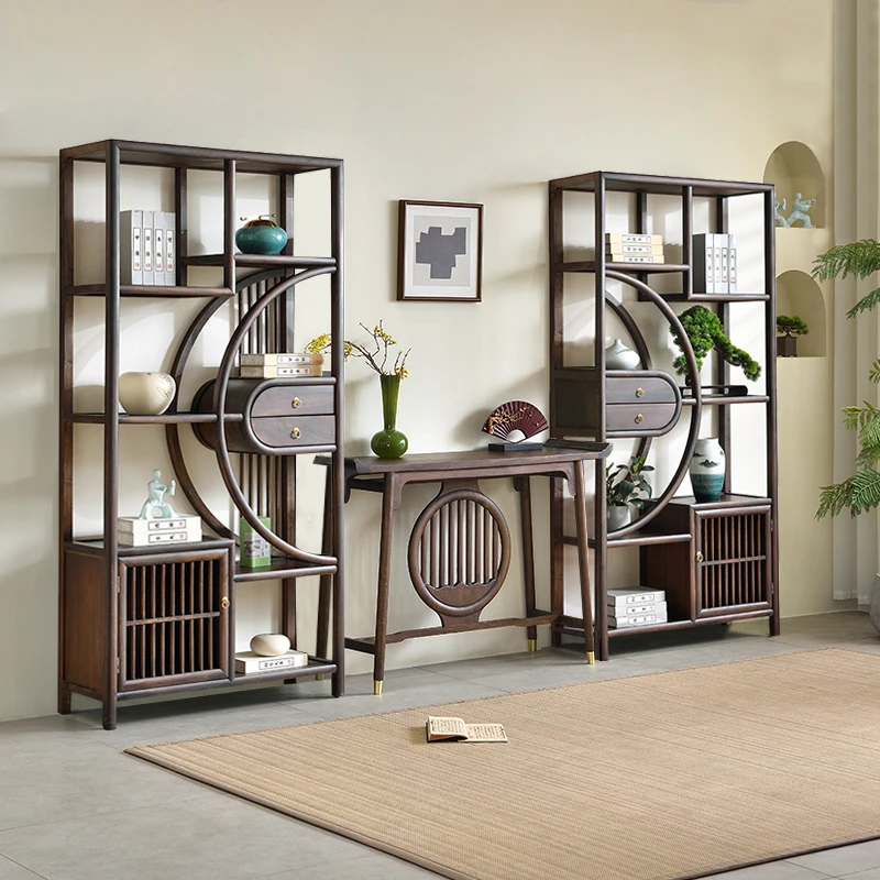 新中式黑胡桃博古架实木茶室置物架客厅展示柜办公室隔断柜玄关柜