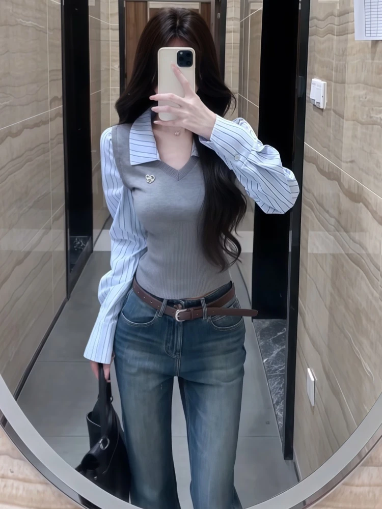 灰色条纹假两件拼接长袖衬衫女2025秋季新款设计感修腰显瘦上衣潮