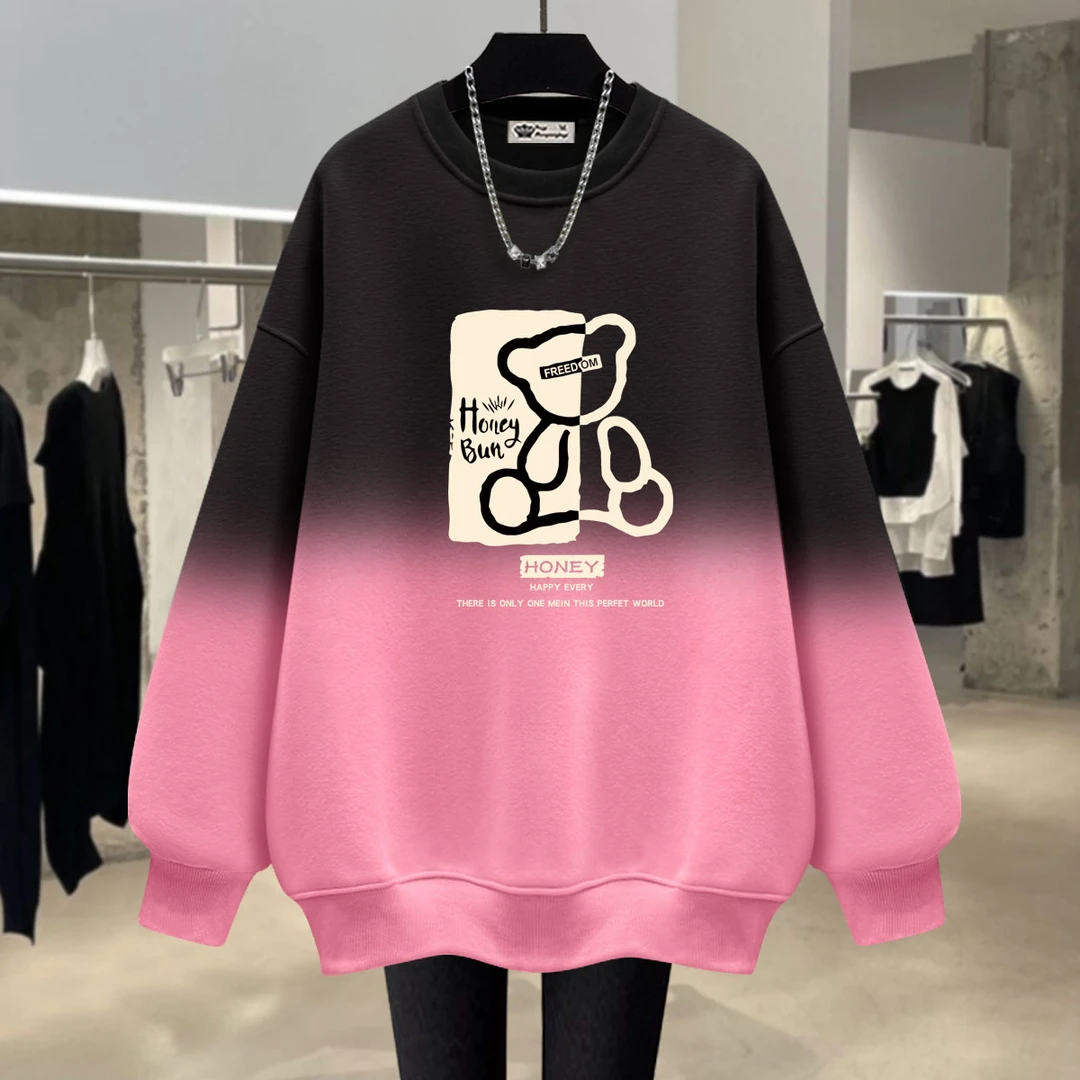 搭配鲨鱼裤粉色渐变色卫衣女2025爆款春秋冬涂鸦小熊印花宽松上衣