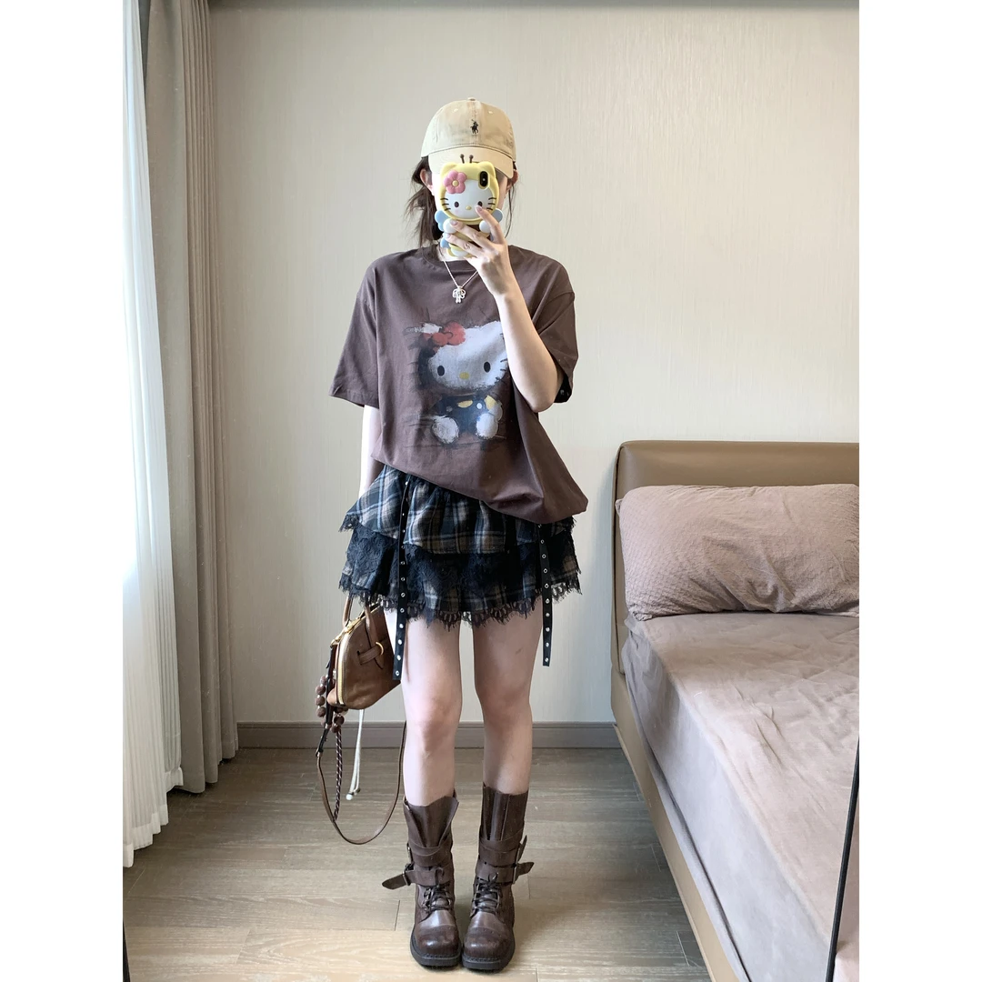 小沈美眉 怦然心动 格纹蕾丝半身裙早秋高腰A字蓬蓬短裙子女