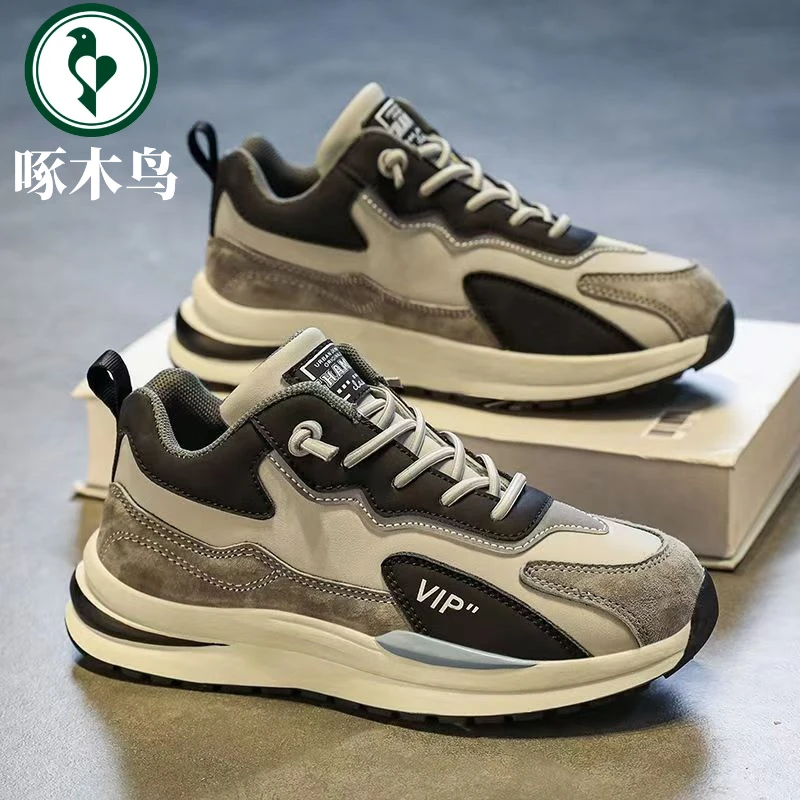 【正品】啄木鸟运动鞋男士春季2025新款皮面休闲青少年跑步厚底老