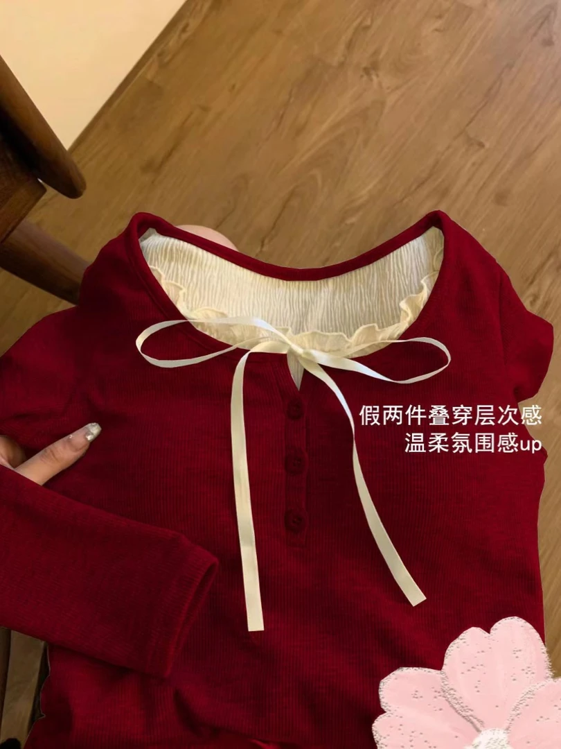 假两件酒红色长袖T恤女2025秋季新款纯欲辣妹蕾丝花边芭蕾风上衣