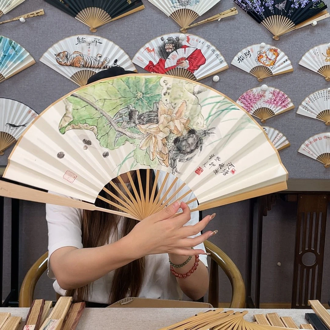 国画10寸玉竹-纯手绘-文玩扇骨（默认粘好）