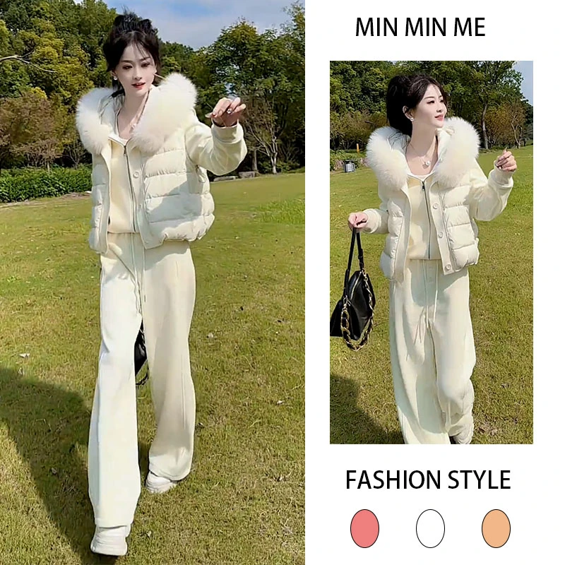 法式韩版连帽棉服加绒长袖卫衣秋冬季新款时尚加绒休闲卫裤三件套