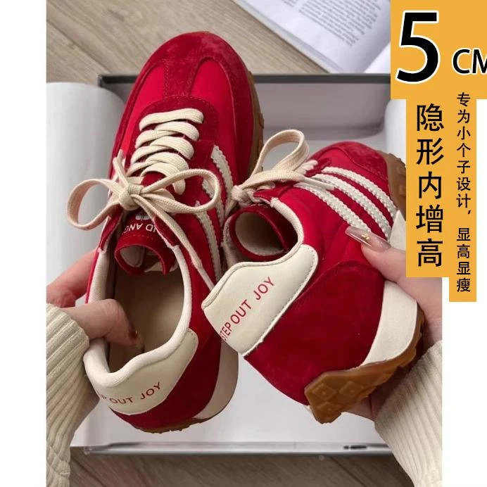 【官方正品】 2025款复古增高红色女式学生厚底板鞋休闲平底运动