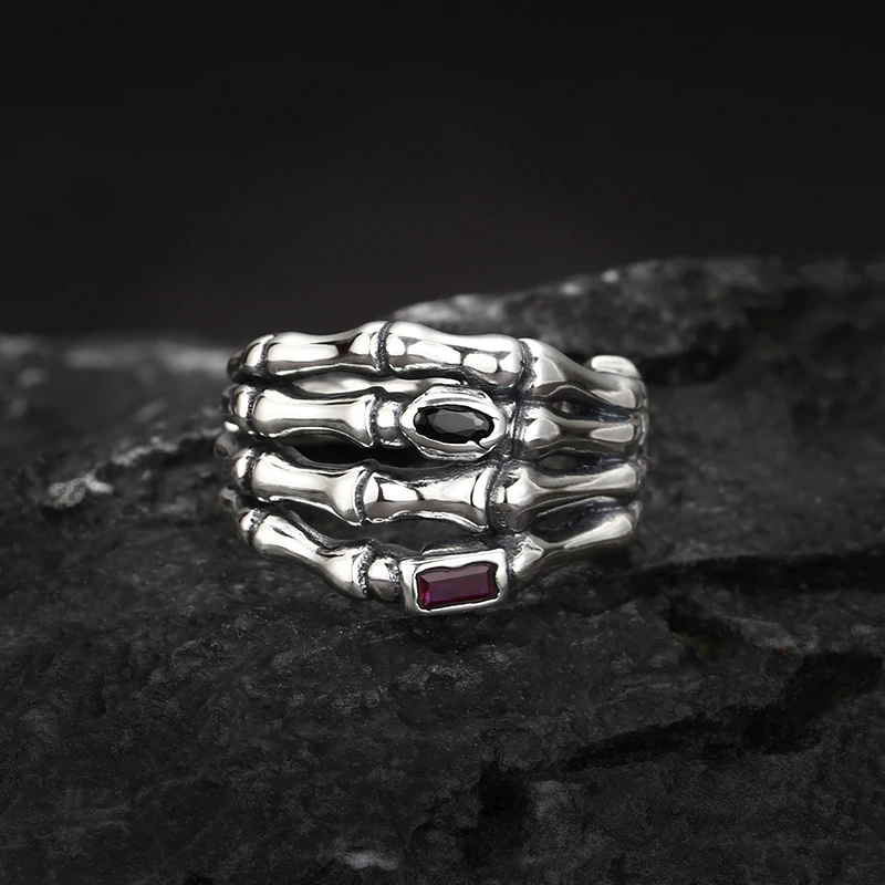 925银戒指 时尚复古红黑锆爪子戒指 男女同款开口戒指