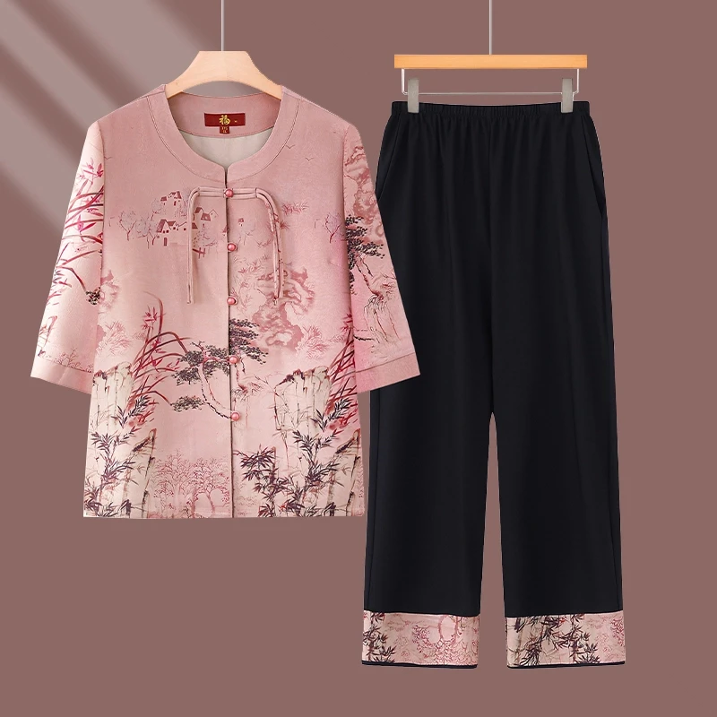 奶奶装夏装中袖舒适老人妈妈夏季国风开衫老太太上衣60--80岁套装