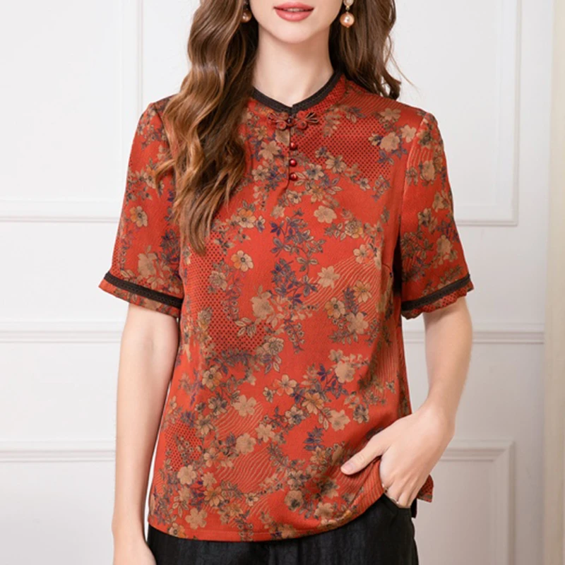 夏季香云纱珍珠缎国风上衣100桑蚕丝气质时尚精致妈妈装小衫 长62