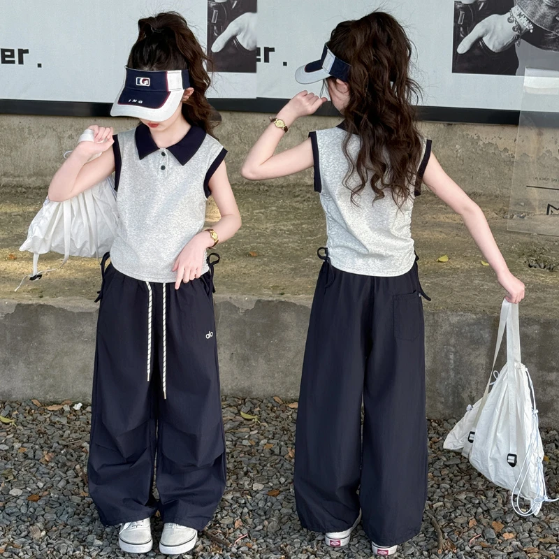 女童夏装无袖套装2025新款洋气大童夏季短袖儿童牛仔阔腿裤两件套