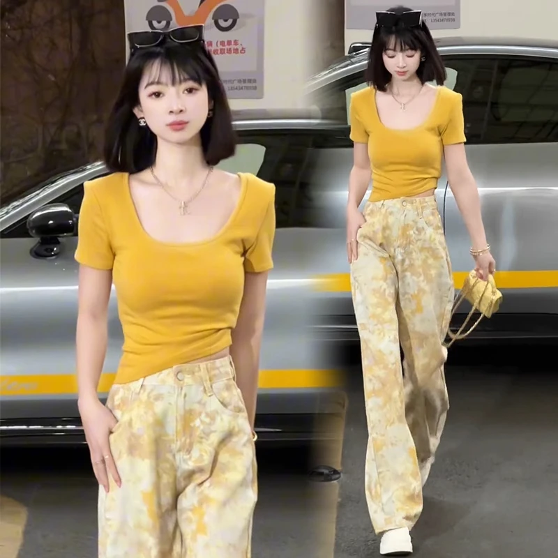 时尚套装女2025夏季新款洋气显瘦短袖T恤印花高腰阔腿裤两件套潮