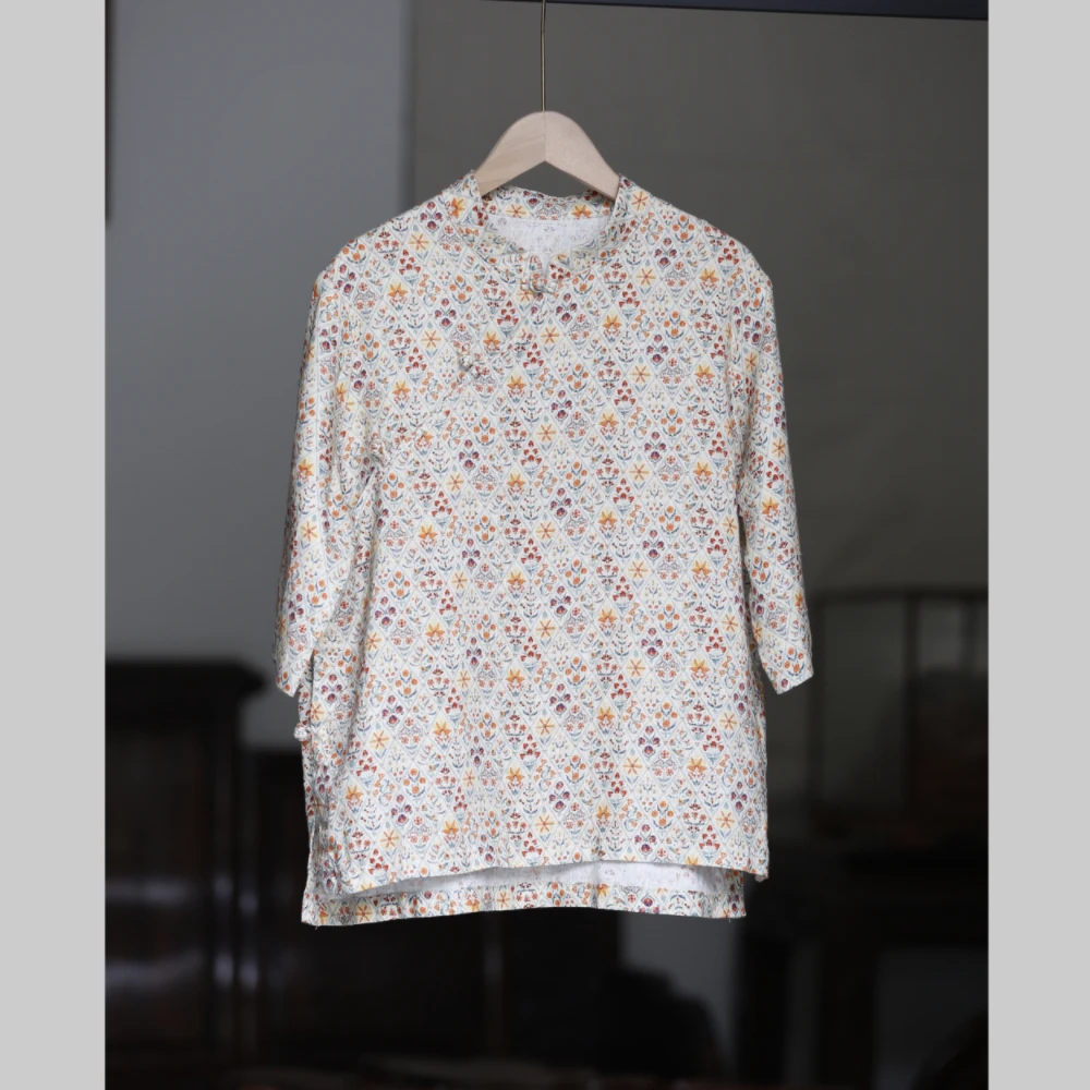 夏季中袖菱格印花 复古文艺纯亚麻盘扣上衣36406