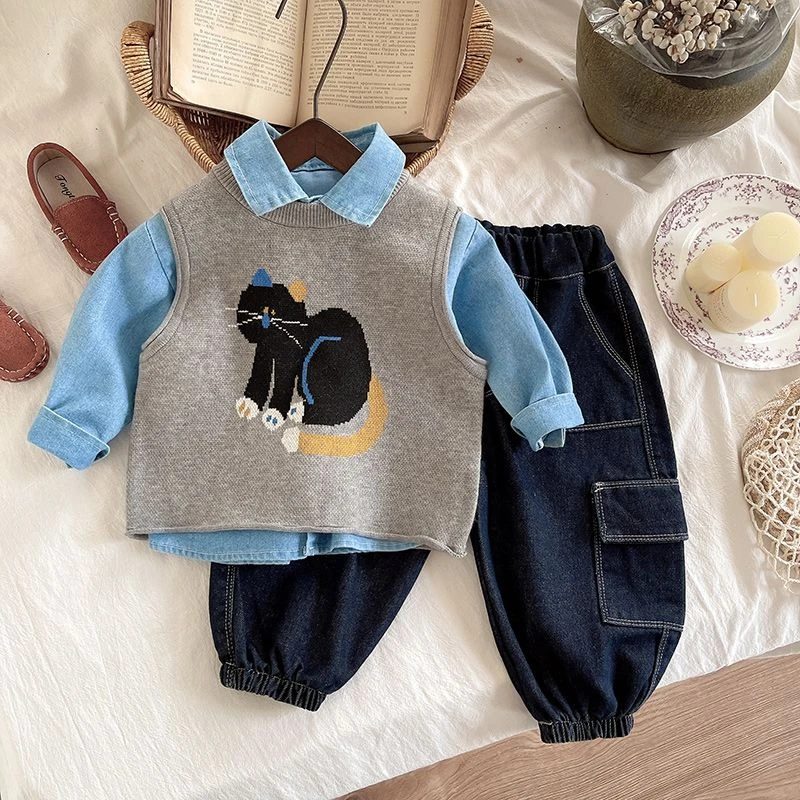 男童春秋衬衫套装新款洋气儿童牛仔衬衣时髦宝宝毛衣马甲三件