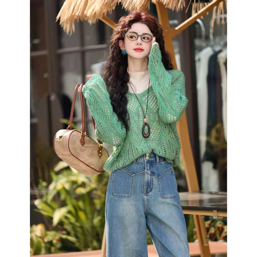 陈大器【湖面薄雾】港风复古套头镂空百搭休闲针织上衣JO1218290