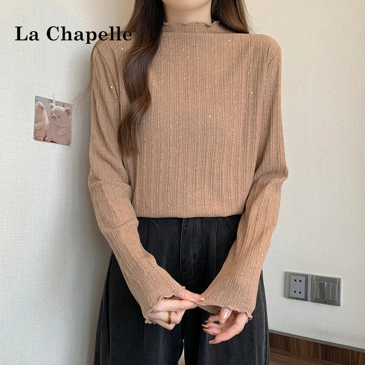 拉夏贝尔大码女装韩版半高领木耳边针织衫t恤女秋冬简约打底上衣