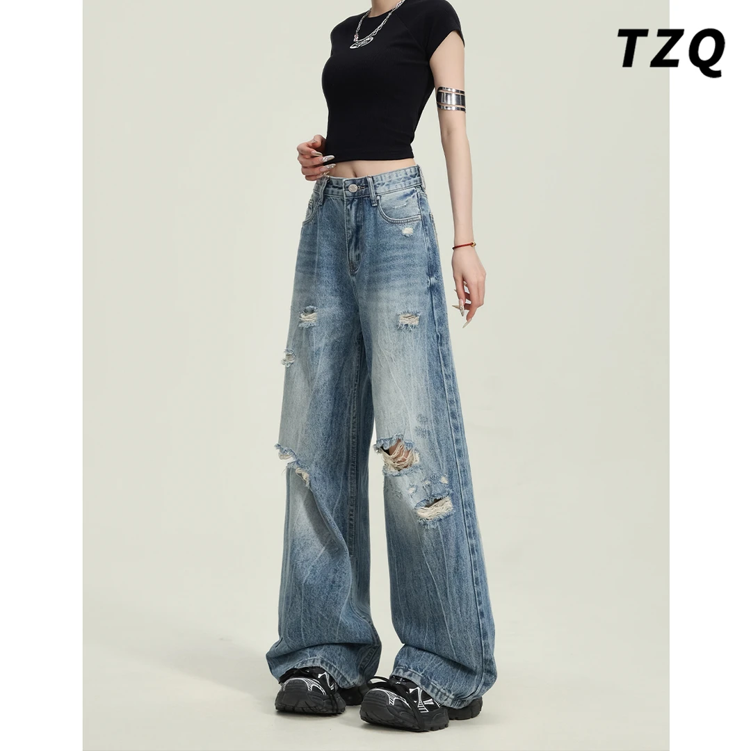 水洗破洞设计阔腿牛仔裤女2025春季新款高腰洋气弯刀裤TZQ2530841