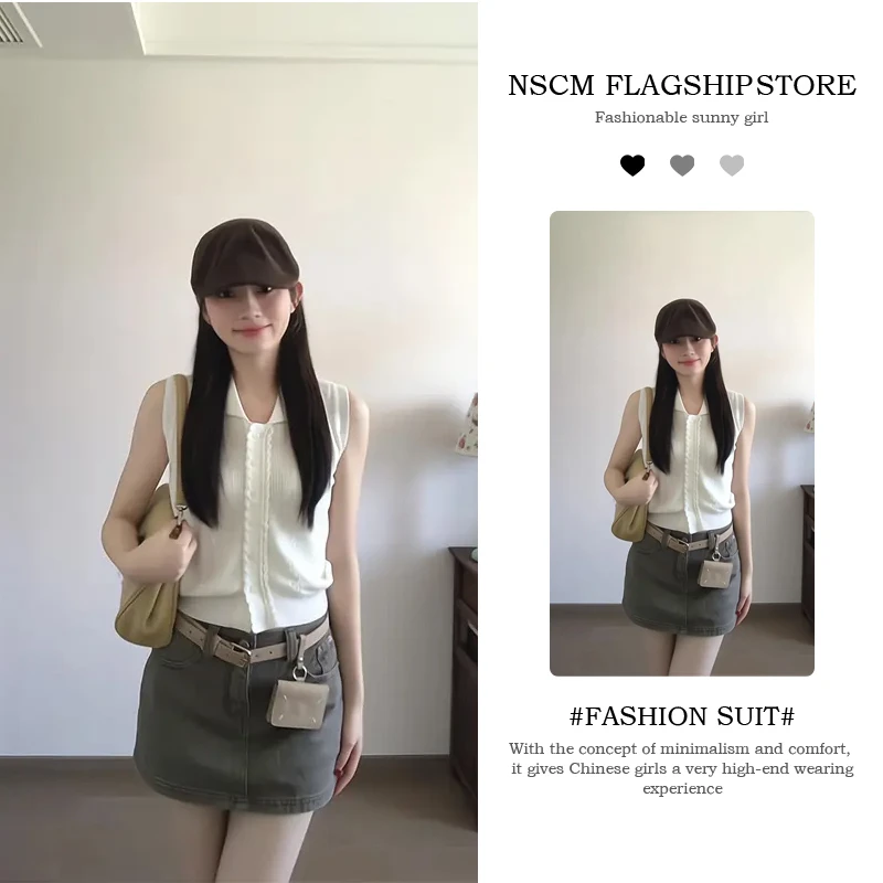 NSCM夏季polo领针织背心修身显瘦短款上衣休闲半身裙2025新款套装
