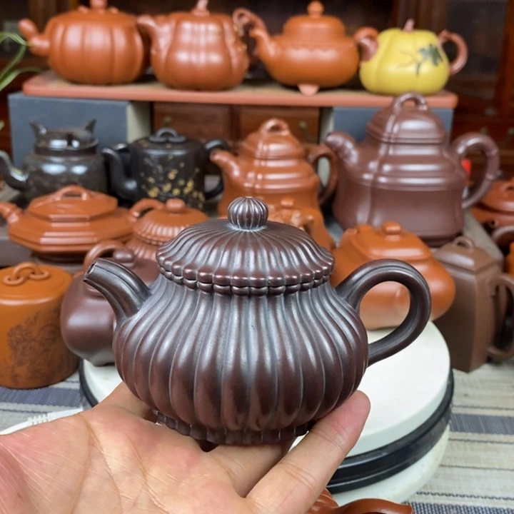 茶壶紫砂筋纹潘壶200cc原矿老紫泥还原烧