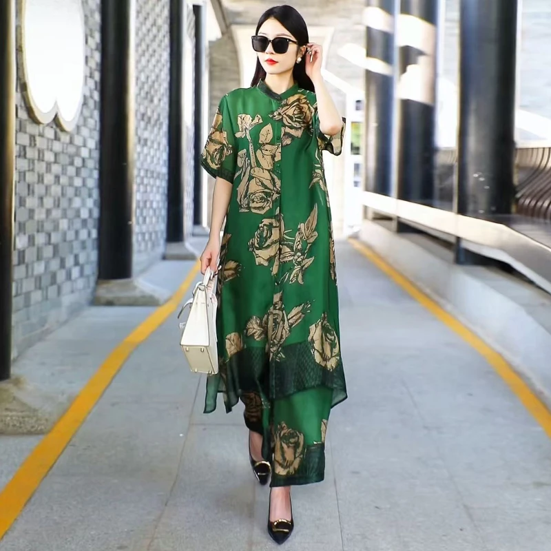 新中式复古国风大码中长款飘逸开衫宽松阔腿裤洋气减龄两件套装