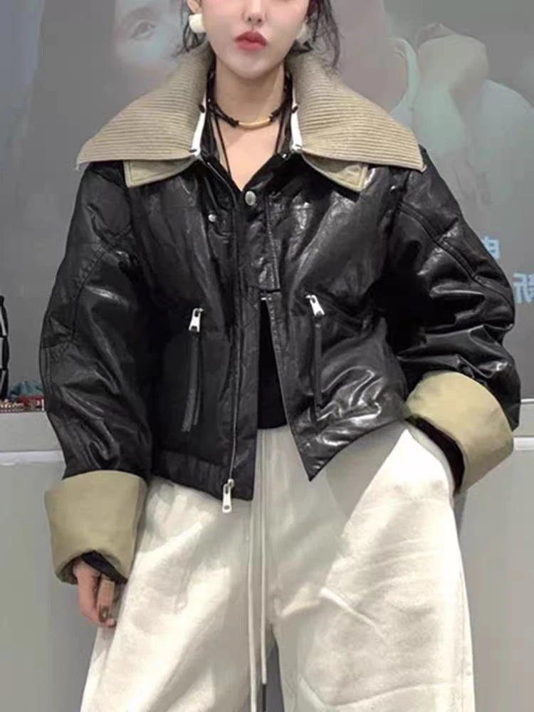 2024年新欧货针织翻领短款鹅羽绒服女冬季加厚绵羊皮拼接撞色外套