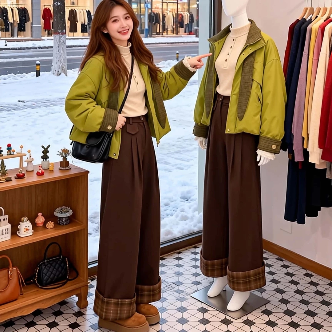 欧货复古格子卷边毛呢休闲裤女2026秋冬季新款宽松百搭显瘦直筒裤