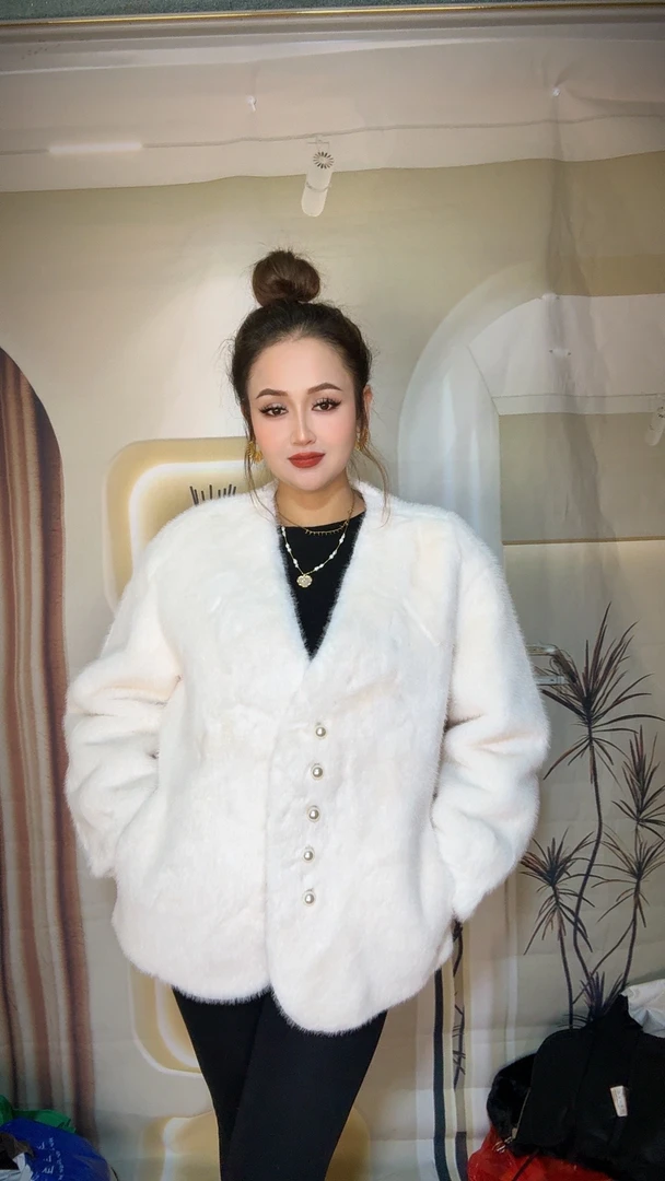 人造皮草 短款女V领中长款MF白色黑色珍珠白街头风