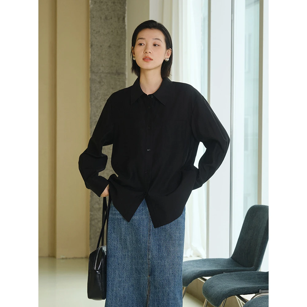 【折客优品】秋新品时尚宽松莱赛尔长袖衬衣女方领上衣851-7QB83229