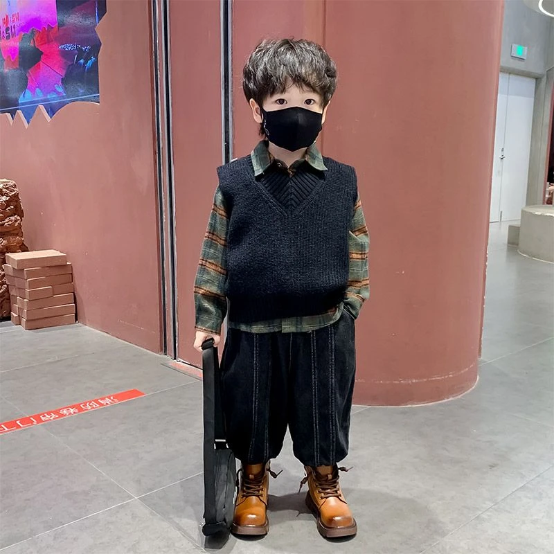 男童秋装套装新款韩版儿童洋气春秋针织马甲宝宝炸街三件套
