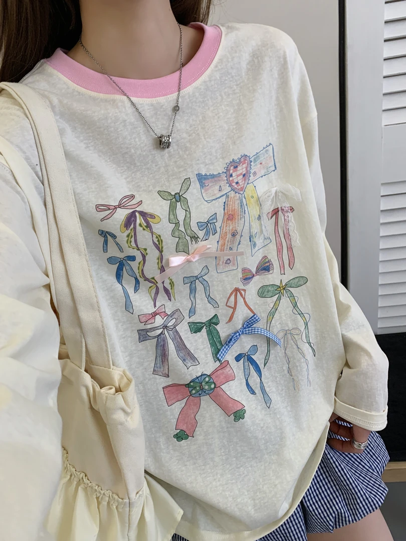 程程甄选 蝴蝶结简约百搭撞色螺纹领口印花防晒长袖打底衫 940