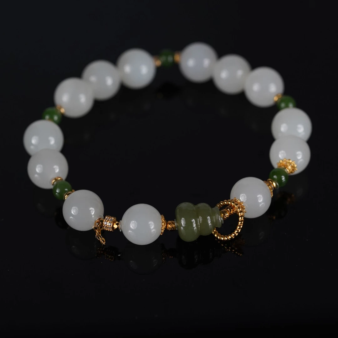 【珊木居】S2082JY 和田白玉1.0+0.4碧玉圆珠葫芦单圈手串