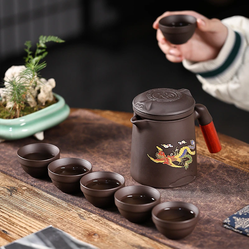 龙凤紫砂变色快客杯一壶六杯旅行便携式包随身户外车载泡茶壶茶杯商品图