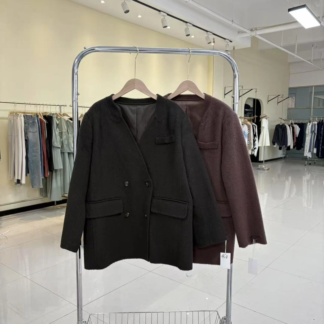 远方来信·法式小香风V领西服外套显瘦气质韩版羊毛大衣秋冬时尚