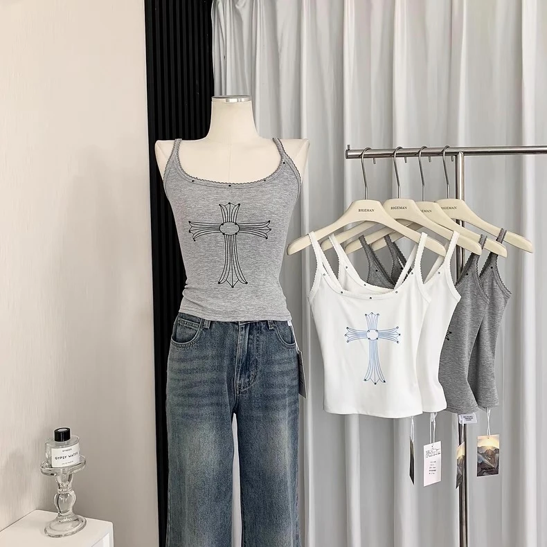 妮蔻 纯欲风十字架印花吊带背心女装夏季烫钻收腰显瘦百搭上衣