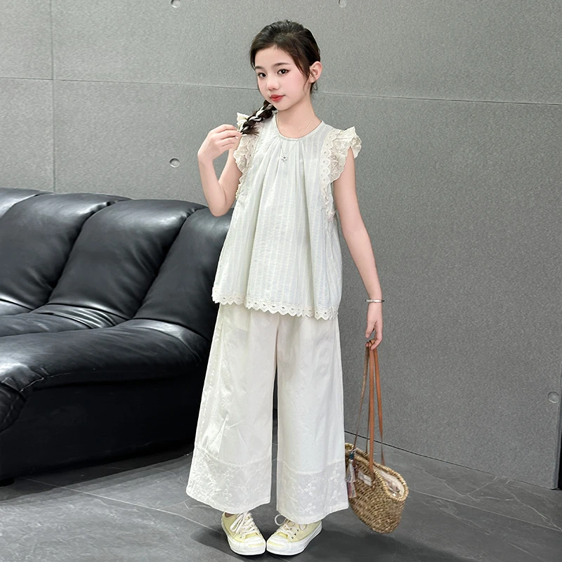 小清新女童夏季套装3-15岁小飞袖条纹衬衫上衣女大童阔腿裤两件套