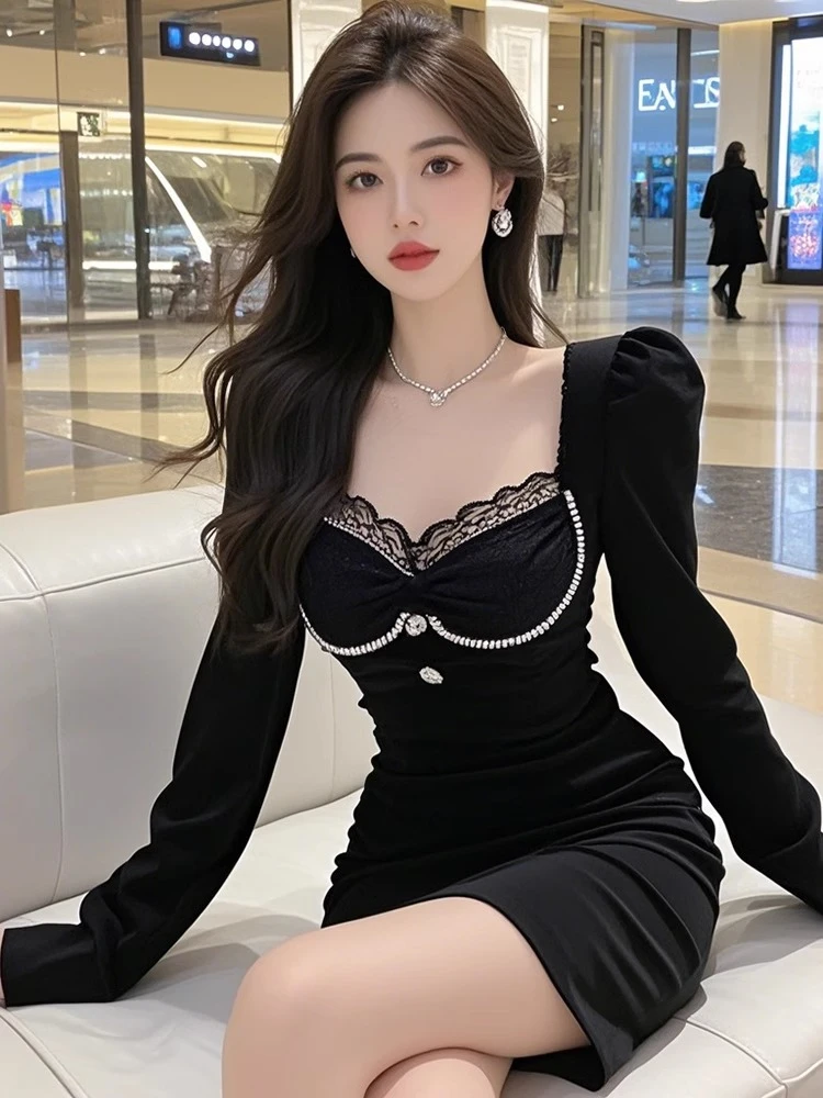 【B Y】富家千金感名媛风蕾丝拼接黑色连衣裙女装2025年秋冬季新款