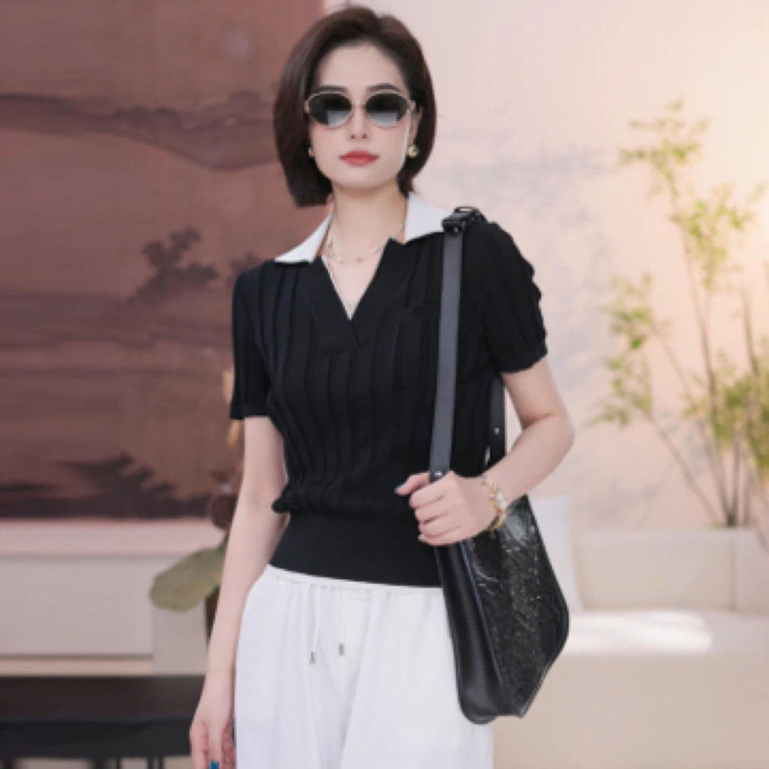 EP雅莹2025新款女装 假两件V领修身短袖毛衣针织上衣9506A