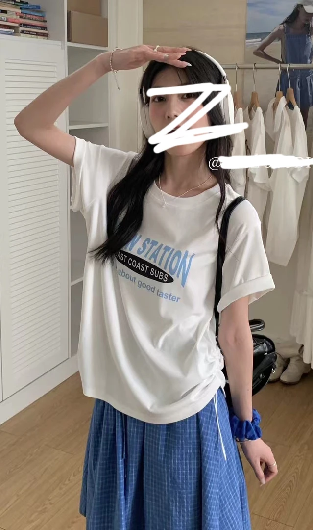 常规抽绳圆领休闲字母T恤短袖