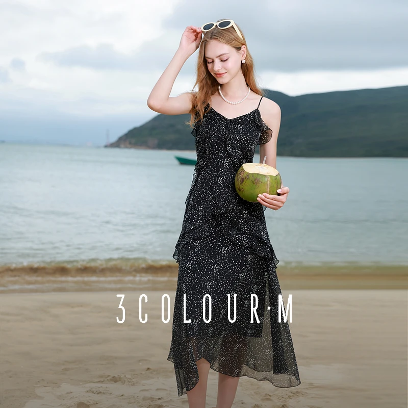 三彩2025夏季新款波点黑色吊带裙荷叶边雪纺连衣裙浪漫长裙女M