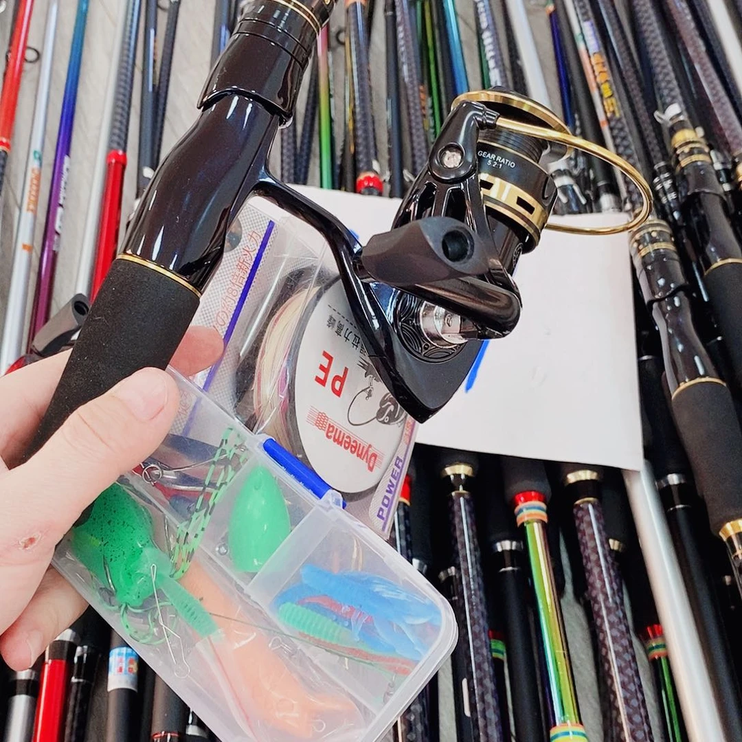 黑金色直柄2.1米➕金色纺车轮➕线➕饵