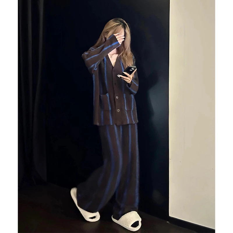 慵懒感简约撞色条纹半边绒睡衣女冬新款保暖加厚家居服套装可外穿