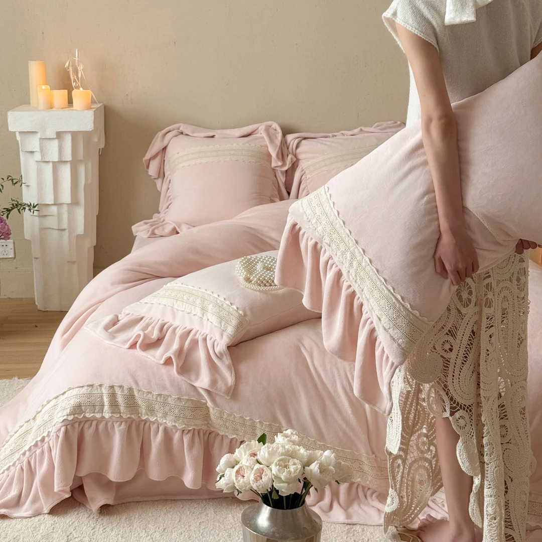 公主风秋冬加厚全消光牛奶绒四件套法式蕾丝花边被套1.8m床上用品