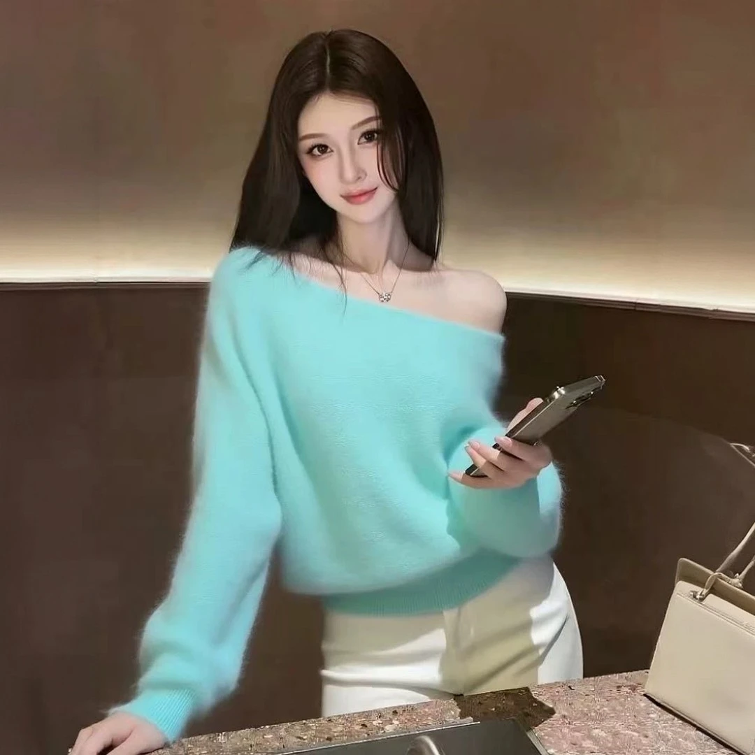 超好看独特漂亮法式温柔风仿水貂高级感毛衣女秋冬新款一字肩绝美