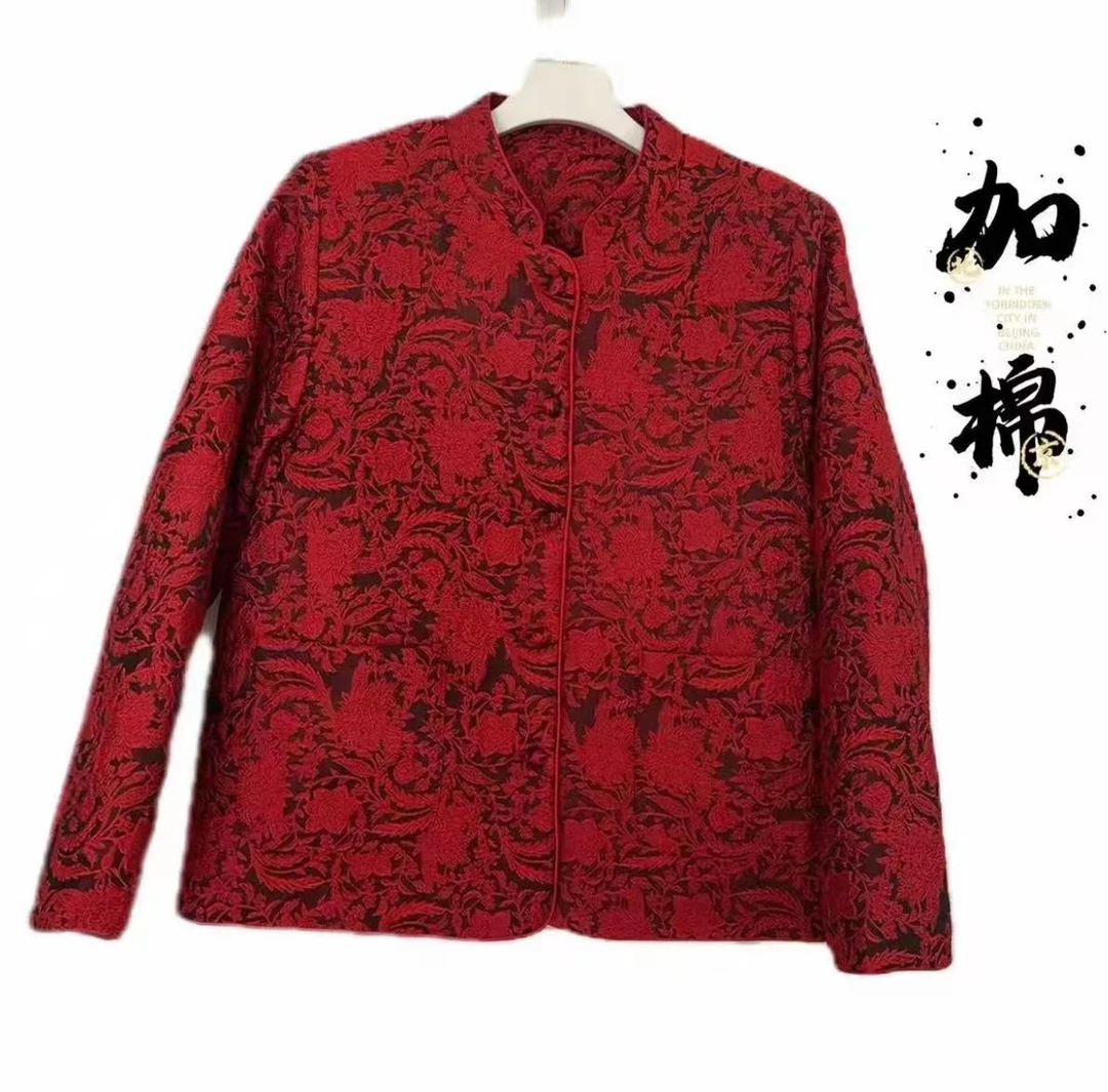 秋冬新款加棉加厚浮雕提花立领正肩棉服外套