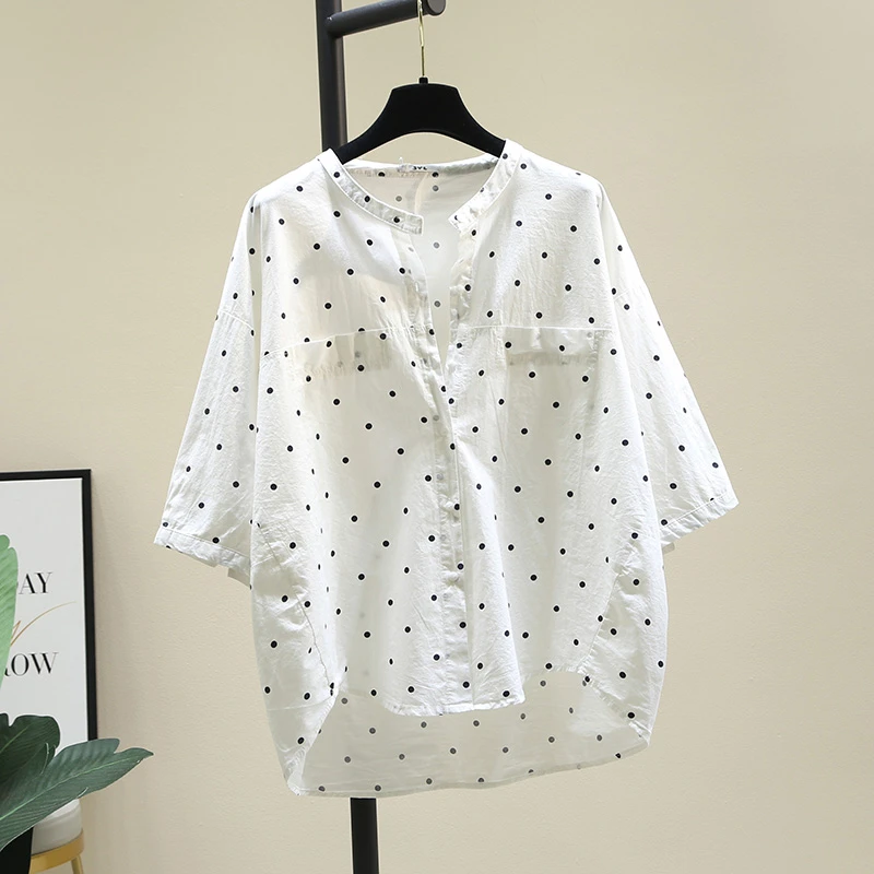 可爱元气文艺小清新减龄小波点圆领衬衣夏季纯棉透气轻薄女士衬衫