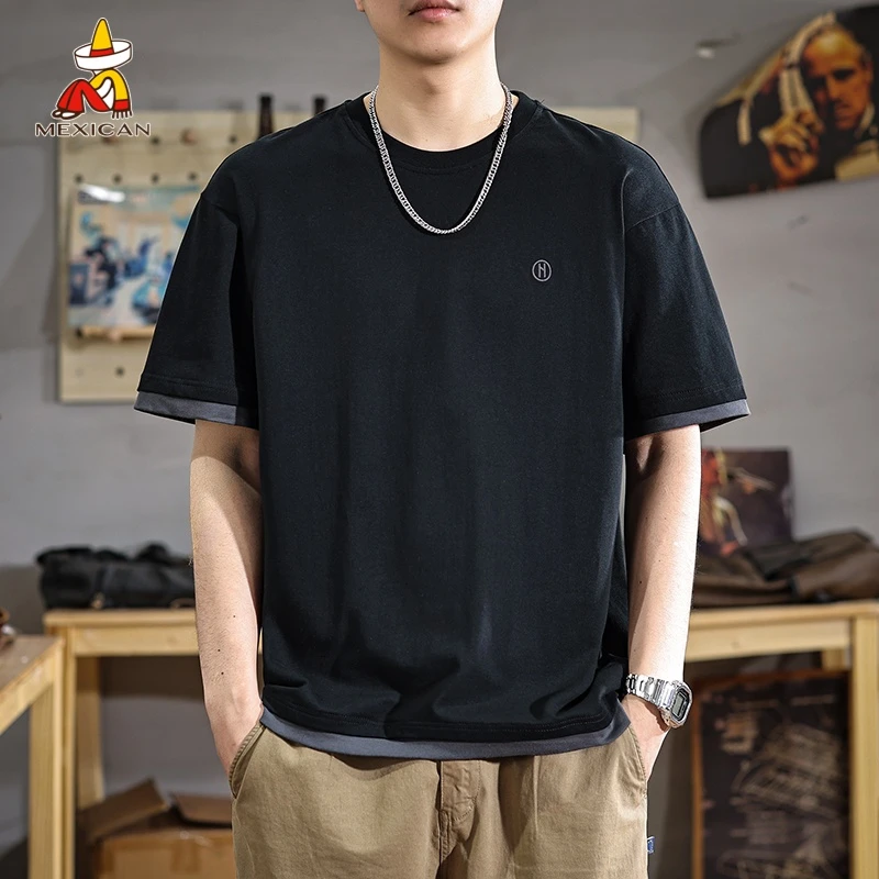 Mexican/稻草人夏季潮牌简约短袖t恤男士宽松刺绣假两件半袖体恤