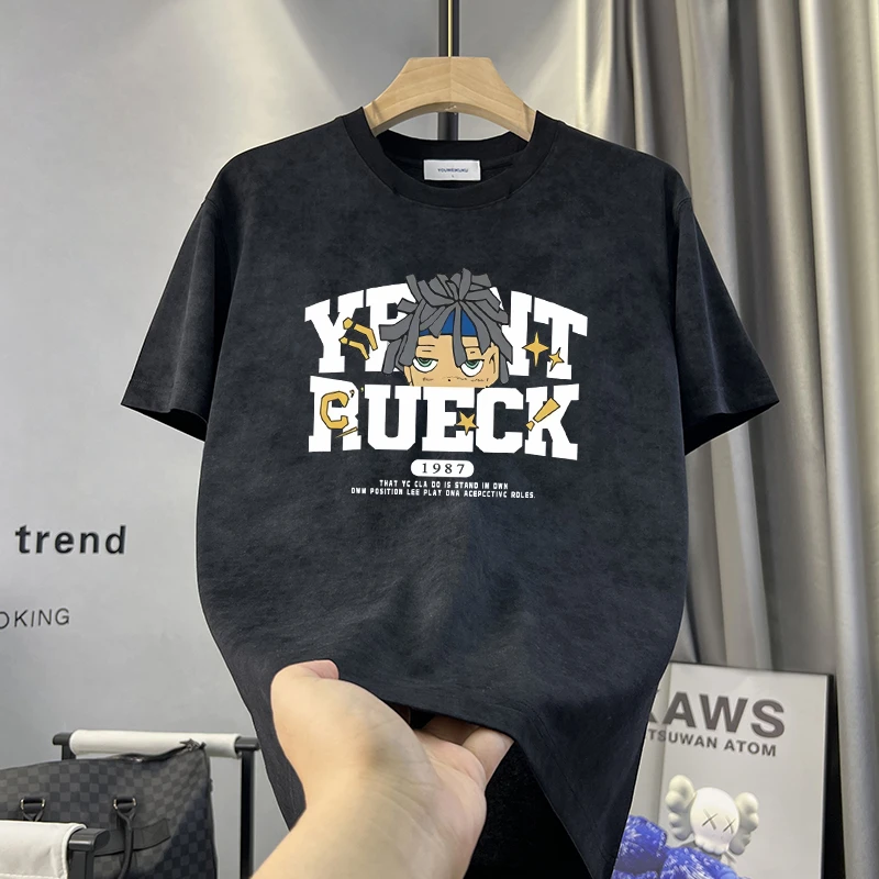 男士扎染做旧短袖美式休闲百搭圆领宽松潮流半袖T恤灰色ins上衣夏