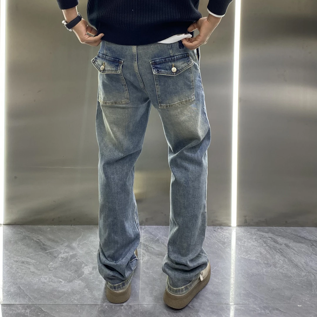 立体翻盖斜插口袋设计高品质复古做旧水洗修身直筒弹力美式牛仔裤
